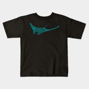 Turquoise manta ray tattoo style black background Kids T-Shirt